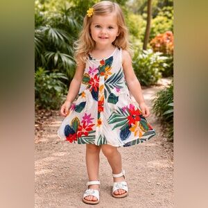 Toddler Tropical Floral Tank Dress in White with Multicolor Print